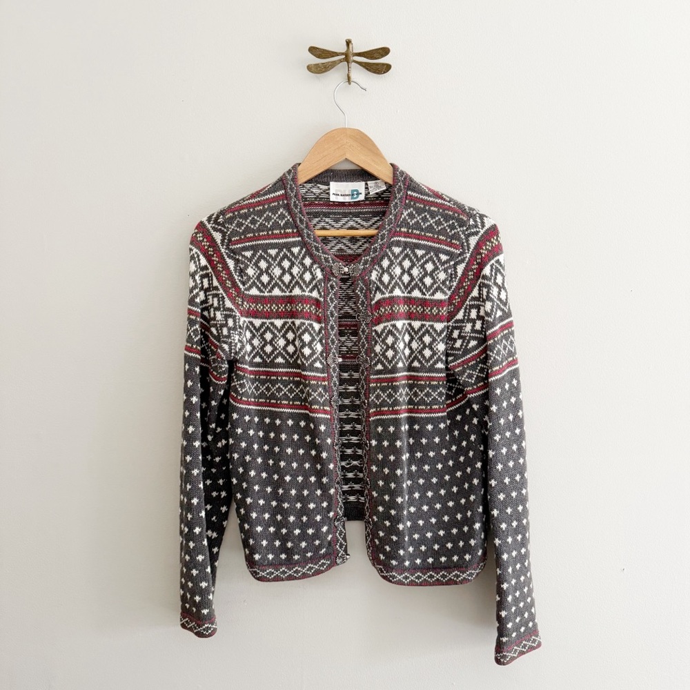 Vintage Fair Isle Cotton Blend Grey Knit Cardigan Sweater Small